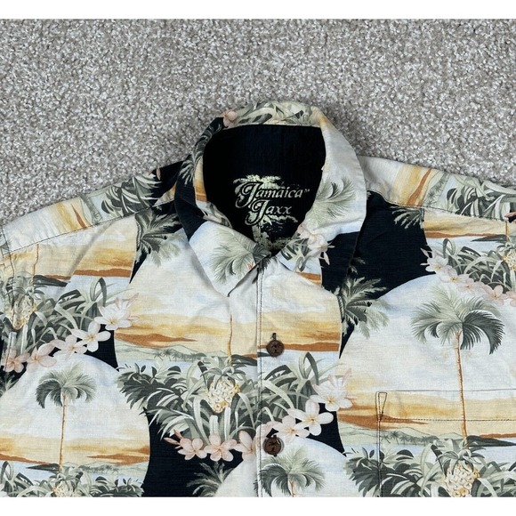 Jamaica Jaxx Shirt Men Extra Large Black Hawaiian Button Up Silk Palm Tree Beach - Picture 2 of 9